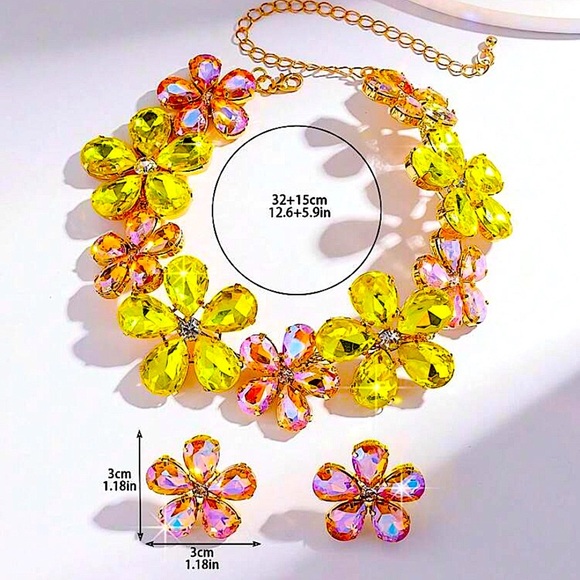 Elegant Austrian Crystal Flower Necklace Earrings Set Multi Color Gold S… - Picture 4 of 4